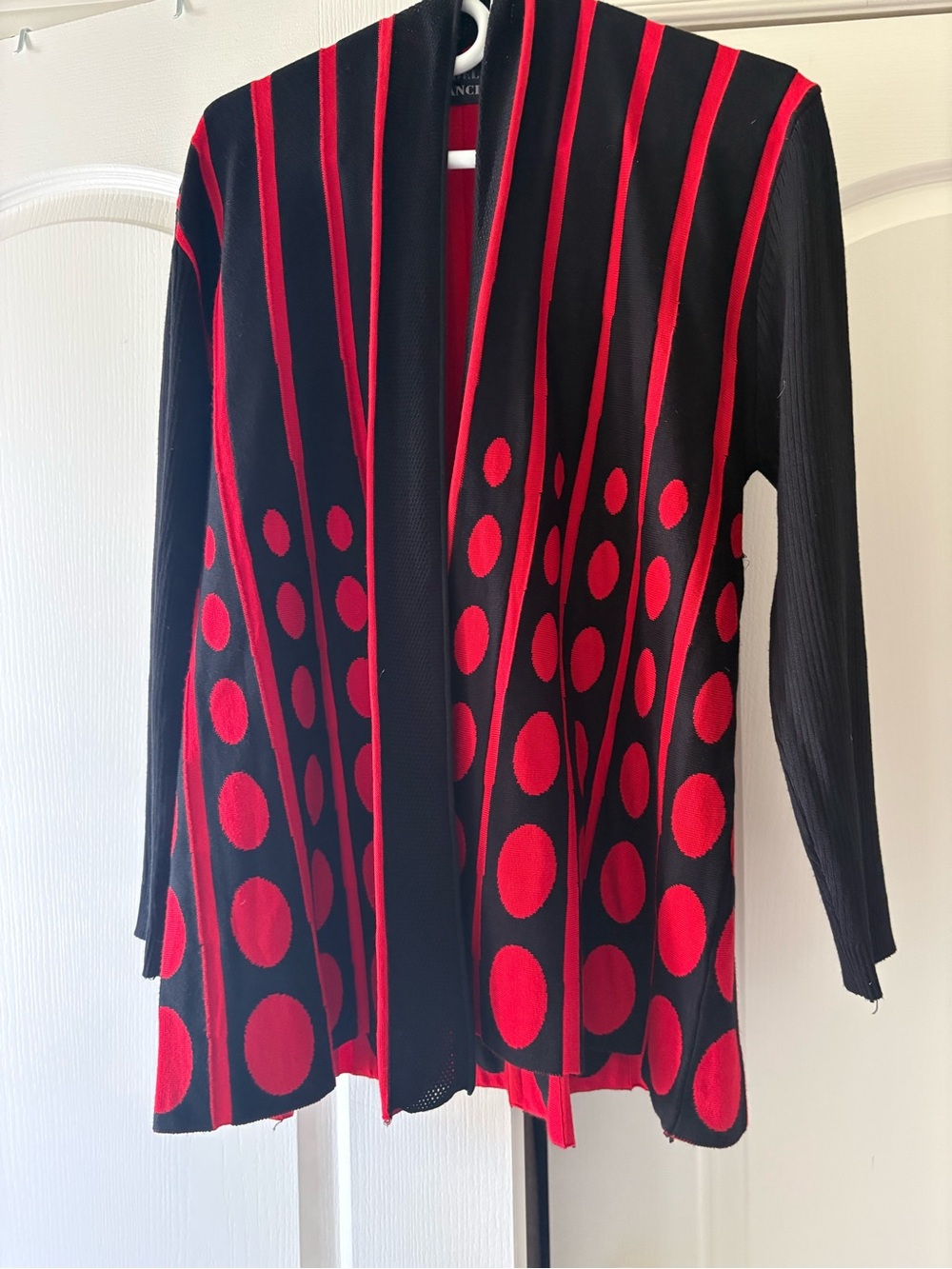 Model France Black & Red Open-Front Dot Stripe Cardigan